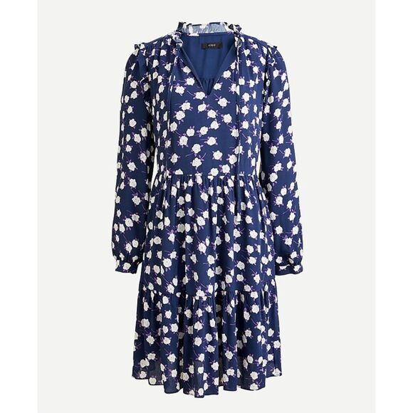J. Crew Tie-neck tiered dress in scattered peony print Navy White Purple Size Sm - Picture 1 of 11